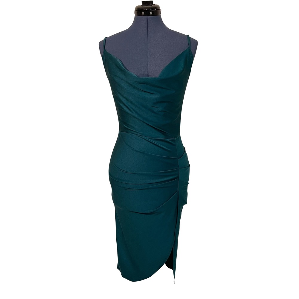 Haley & June Emerald‎ Green Cowl Neck Ruched Midi Sheath Slip Dress Minimalist M